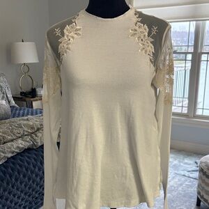 Free People Elegant Cream Lace Detail Women's Top